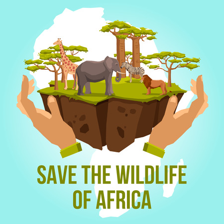 Save the wildlife of Africa with hands caring zebra lion giraffe elephant and tree concept vector illustrationのイラスト素材