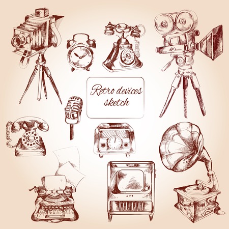 Retro devices decorative icons sketch set with film camera telephone typing machine isolated vector illustrationのイラスト素材