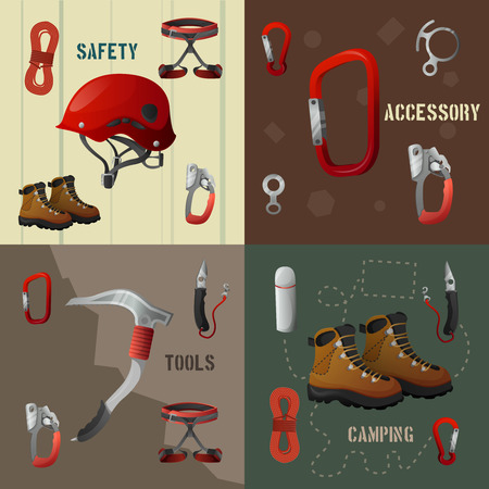 Mountains peaks climbing 4 flat icons composition poster with camping safety accessories tools abstract isolated vector illustrationsのイラスト素材