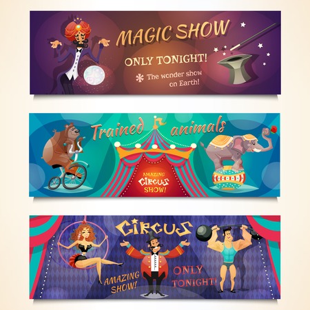 Circus horizontal banner set with magic show and animals alvertising isolated vector illustrationのイラスト素材