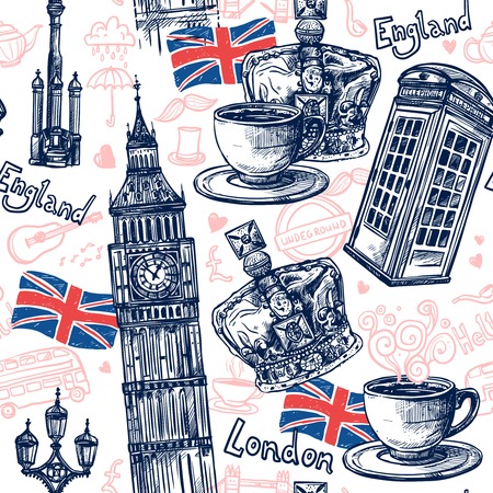 London seamless pattern with sketch telephone booth big ben crown vector illustrationのイラスト素材