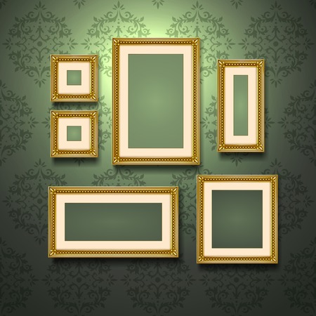 Realistic golden frames on retro style ornament wallpaper wall vector illustrationのイラスト素材
