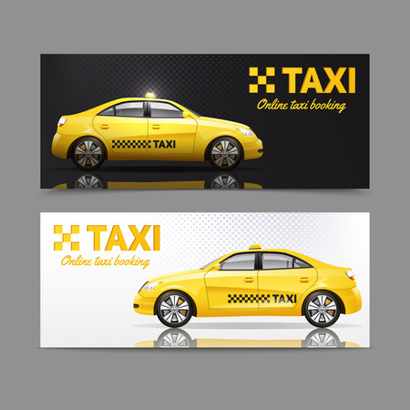 Taxi service horizontal banner set with yellow cars with reflection isolated vector illustrationのイラスト素材