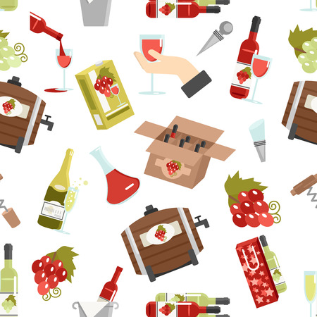 Wine in bottles kegs and glasses with accessories color seamless pattern vector illustrationのイラスト素材