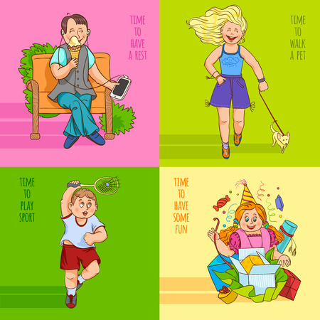 Family time having fun playing with children 4 flat icons square composition banner abstract isolated vector illustrationのイラスト素材