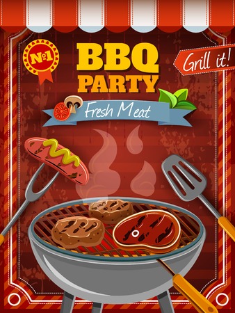 Barbecue party poster with hot meat and sausages on grill vector illustrationのイラスト素材