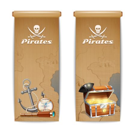 Pirate banner vertical set with retro treasure hunt symbols isolated vector illustrationのイラスト素材