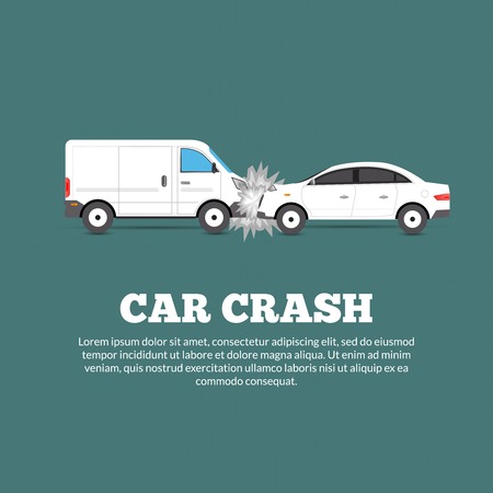 Car crash accident poster with two damaged autos flat vector illustrationのイラスト素材