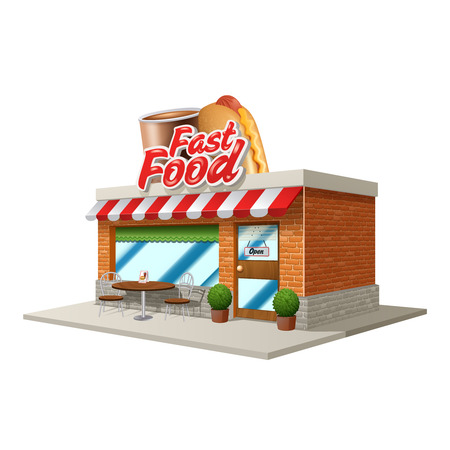 3d fast food restaurant or cafe building isolated on white background vector illustrationのイラスト素材