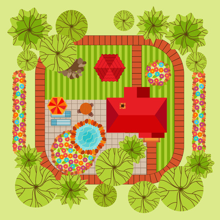 Flat style landscape design concept with house trees flowerbed pond table and various surfacing vector illustrationのイラスト素材