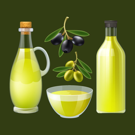 Fresh pressed olive oil bottle and pourer with ornamental black and green olives poster abstract vector illustrationのイラスト素材