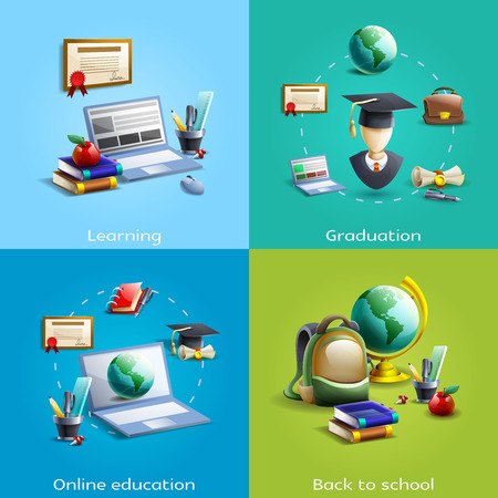 School university and online education and learning cartoon icons set shadow isolated vector illustrationのイラスト素材