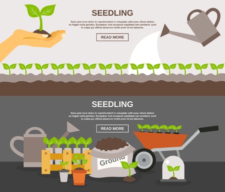 Seedling horizontal banner set with plants and gardening equipment flat elements isolated vector illustrationのイラスト素材