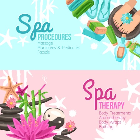 Spa therapy and procedures horizontal banners set isolated vector illustrationのイラスト素材