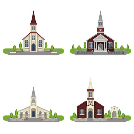 White and red brick churches and chapels with gardens flat color decorative icon set isolated vector illustrationのイラスト素材