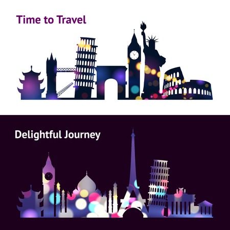 Travel horizontal banners set with world landmark silhouettes in spotlight isolated vector illustrationのイラスト素材