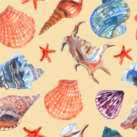 Marine shells and starfish on the sea beach summer vacation wallpaper decorative tileable abstract seamless vector illustrationのイラスト素材