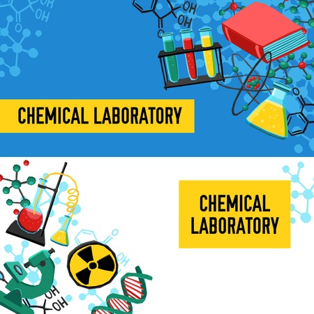 Laboratory horizontal banners set with chemical equipment and research elements isolated vector illustrationのイラスト素材