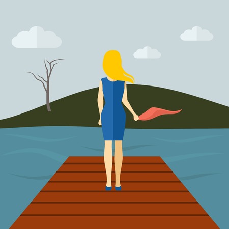 Lonely girl standing on a lake pier with dry tree and grey sky on background flat vector illustrationのイラスト素材