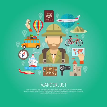 Travel attribution plane ship tent map and wanderlust tourist person flat color concept vector illustrationのイラスト素材