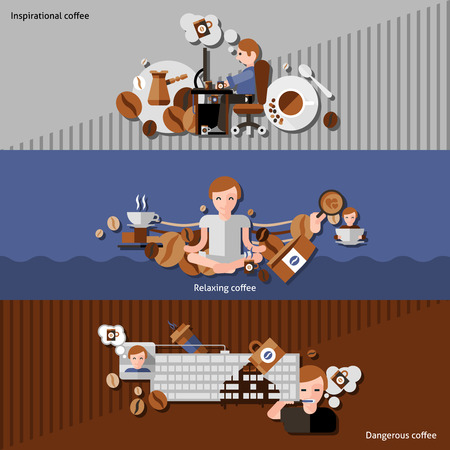 Inspirational relaxing and dangerous coffee horizontal banners set flat isolated vector illustrationのイラスト素材