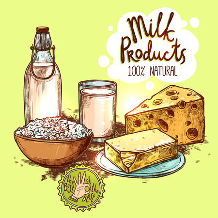 Milk in bottle and glass cheese and butter sketch color still life with text seamless vector illustrationのイラスト素材