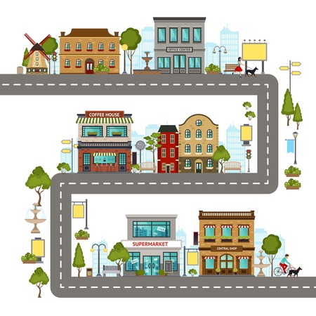City street concept with different buildings and landscape elements vector illustrationのイラスト素材
