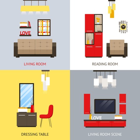 Living room design concept set with dressing table flat icons isolated vector illustrationのイラスト素材