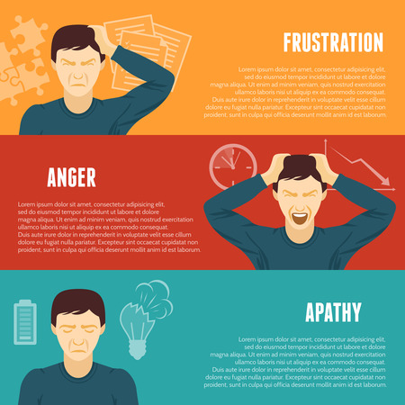 Frustration anger apathy work related mental problems symptoms 3 flat horizontal banners set abstract isolated vector illustrationのイラスト素材