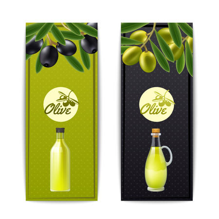 Olive oil bottle and pourer with black and green olives vertical banners set abstract isolated vector illustrationのイラスト素材
