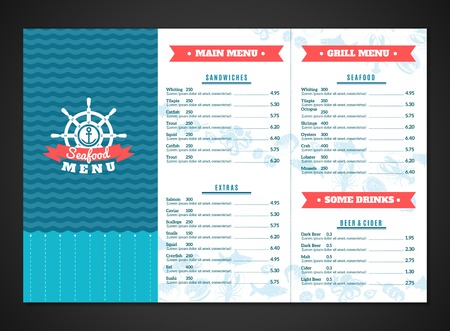 Seafood restaurant menu template with fish and sea animals dishes vector illustrationのイラスト素材