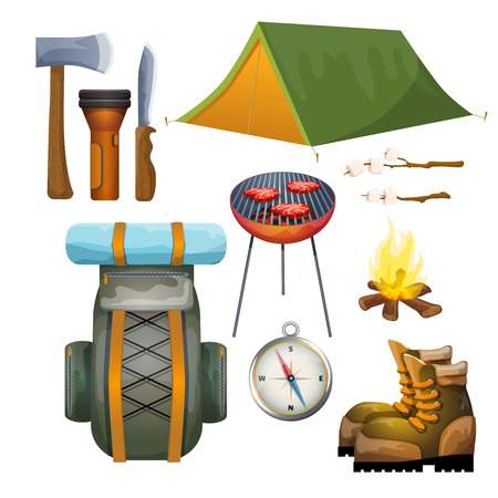 Summer vacation outdoor camping gear and accessories pictograms collection with backpack and campfire fuel abstract vector illustrationのイラスト素材