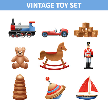 Vintage toy realistic icons set with teddy bear ship and soldier isolated vector illustrationのイラスト素材