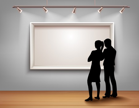 Standing people silhouettes in front of picture frame in art gallery interior vector illustrationのイラスト素材