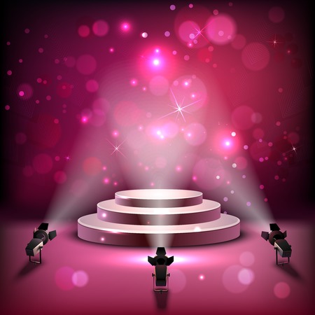 Performance scene studio interior in shiny spotlights realistic magenta background vector illustrationのイラスト素材