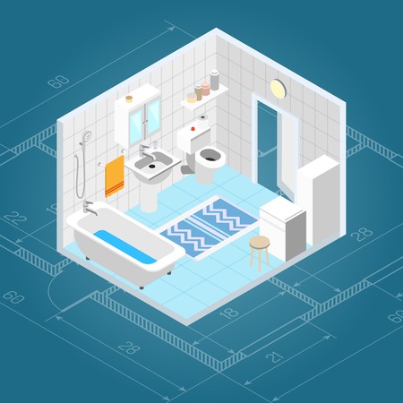 Bathroom interior isometric with 3d bath and toilet furniture icons vector illustrationのイラスト素材