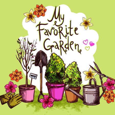 Garden sketch set with seedling equipment and plants and flowers in pots vector illustrationのイラスト素材