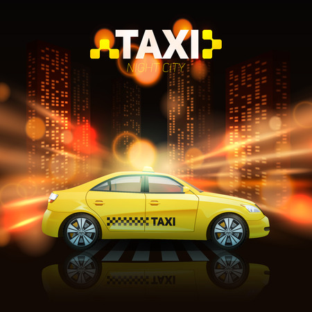 Taxi car with city skyscrapers in spotlights on background vector illustrationのイラスト素材