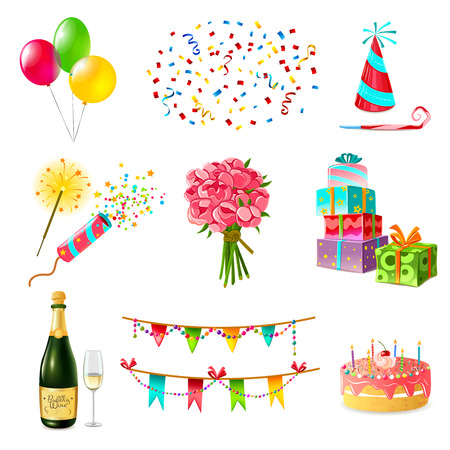 Celebration icons set with cake balloons champagne bouquet confetti and present boxes firecrackers garland whistle party hat isolated vector illustrationのイラスト素材