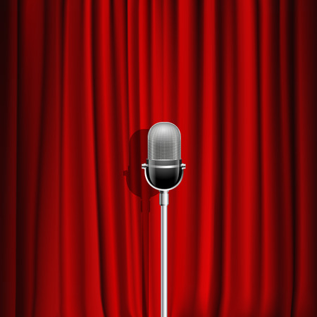 Microphone and red curtain realistic background as stage symbol vector illustrationのイラスト素材