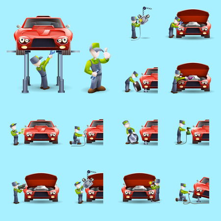 Auto mechanic cartoon character performing full car service abstract colorful isolated icons set abstract vector isolated illustrationのイラスト素材