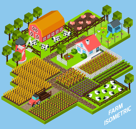 Farm complex constructive toy blocks composition with farmhouse backyard surrounded by fiels and pasture isometric vector illustrationのイラスト素材