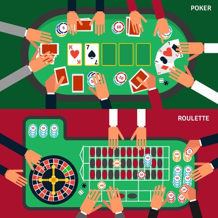 Casino game horizontal banners set with hands and table flat isolated vector illustrationのイラスト素材
