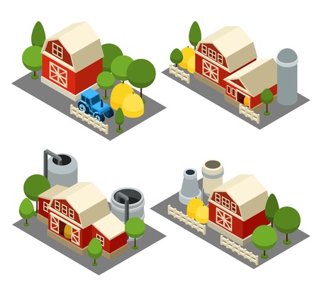 Farm building isometric icons set with tractor house and trees isolated vector illustrationのイラスト素材