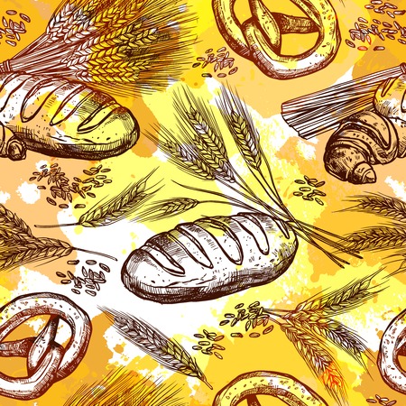 Wheat and bread products seamless pattern hand drawn vector illustrationのイラスト素材