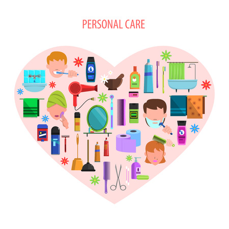 Personal morning care products set for romantic valentine day in heart form poster flat abstract  vector illustrationのイラスト素材