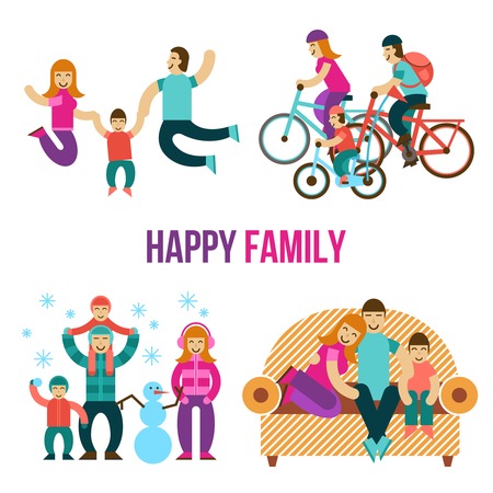 Family fun set with happy people jumping sitting on couch riding a bicycle flat isolated vector illustrationのイラスト素材