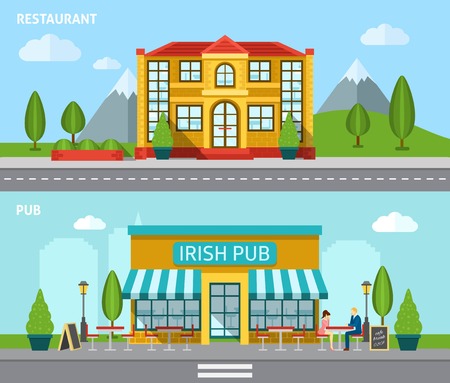 Cafe building front view flat horizontal banner set isolated vector illustrationのイラスト素材