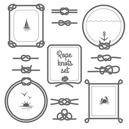 Round and square rope frames and various knots black and white set isolated vector illustrationのイラスト素材