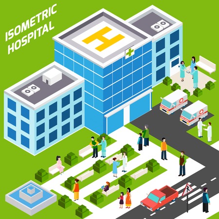 Hospital building isometric with 3d medical staff and landscape objects vector illustrationのイラスト素材